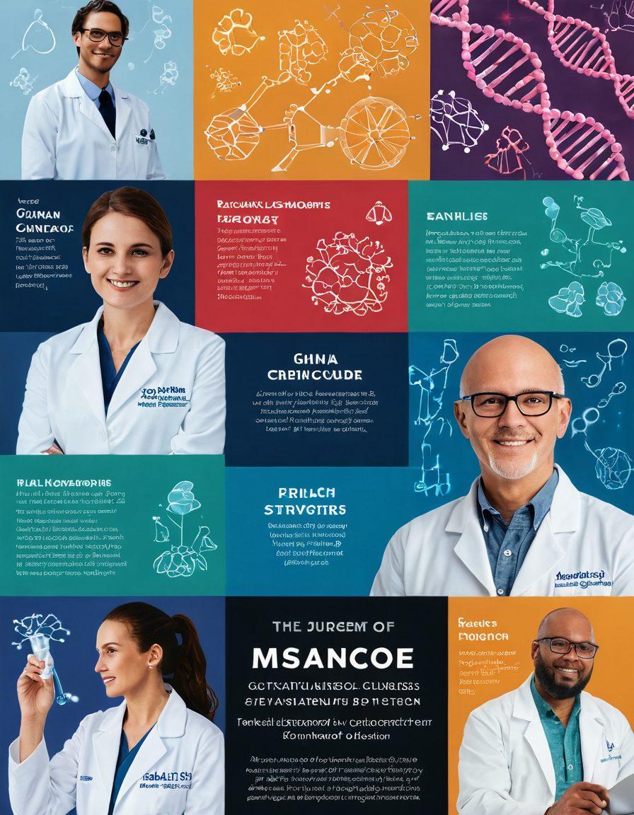 A collage illustrating the journey of cancer care, showcasing advanced therapies like immunotherapy and gene editing. Include vibrant images of researchers in a lab, diverse patients sharing their stories, and high-tech medical equipment in a hospital setting. Overlay graphics of DNA strands and molecular structures to symbolize research and innovation. Create a warm, hopeful atmosphere with soft lighting. super-realistic. vibrant colors.