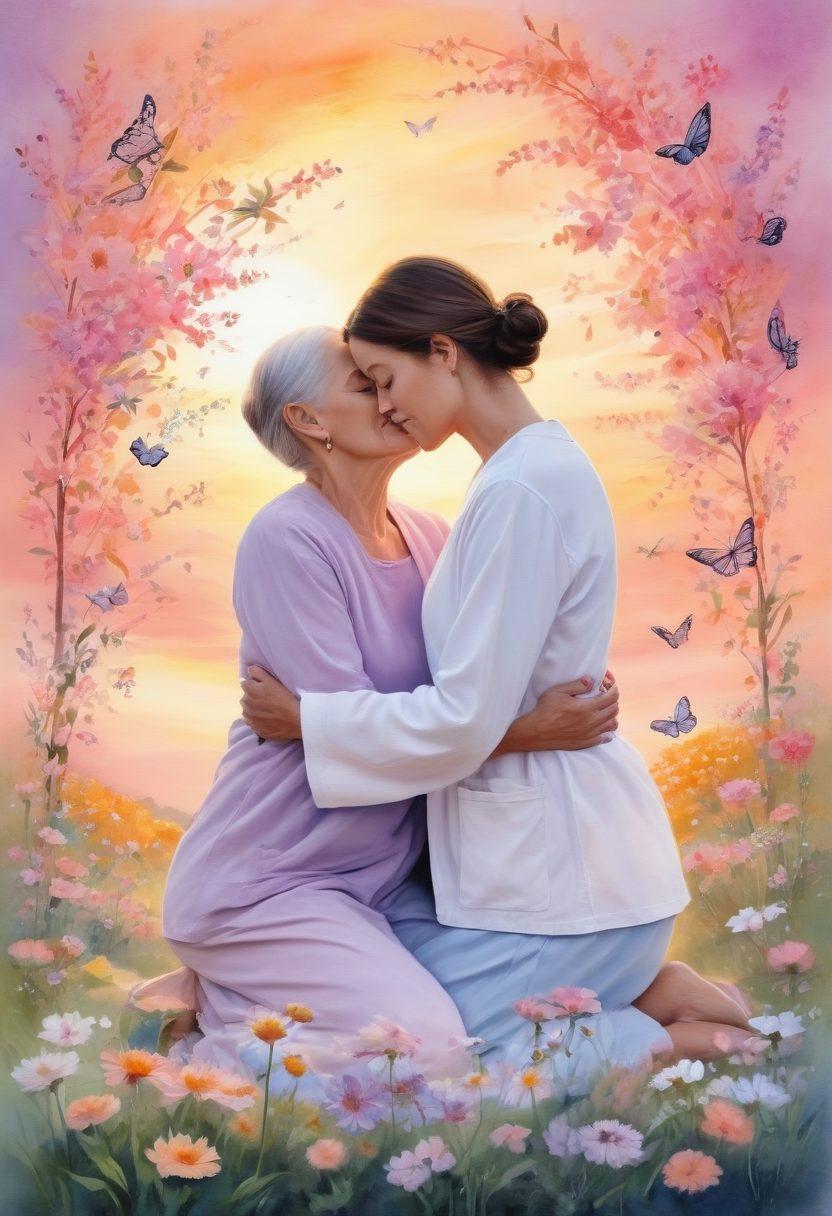 A compassionate scene depicting a caregiver and a cancer patient sharing a moment of warmth, surrounded by symbols of hope like delicate butterflies and blooming flowers. The background features a soft sunset, symbolizing guidance and tranquility on the journey through cancer care. The atmosphere is uplifting, showcasing resilience and support. watercolors. soft pastels. warm tones.