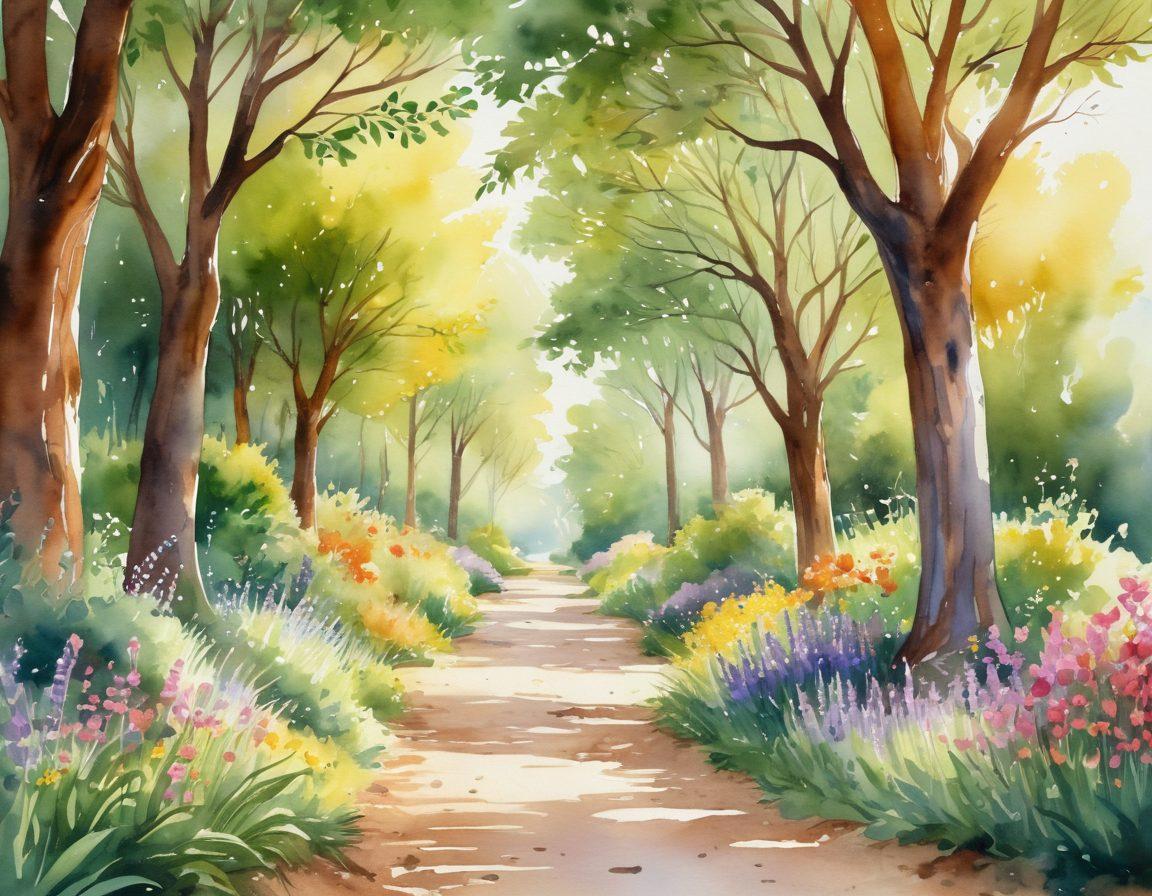 A serene pathway lined with vibrant, healing herbs and plants, illustrating the balance of nature and wellness in cancer treatment. Soft sunlight filters through a canopy of trees, casting gentle shadows, while a diverse group of people share supportive moments on the path. Include symbols of holistic healing such as crystals and essential oils, creating an atmosphere of hope and compassion. watercolor style. warm colors. natural setting.